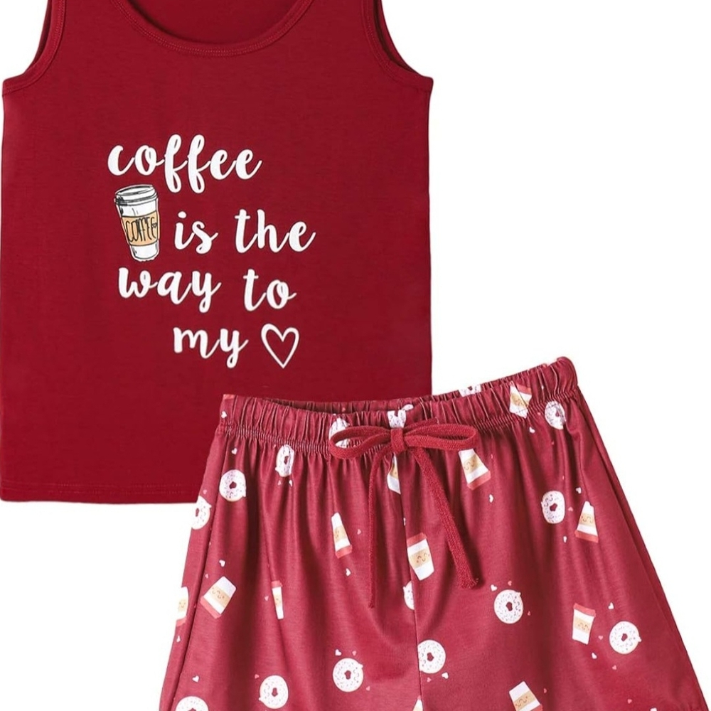 Red Pajama Sets with Coffee-Themed Graphics